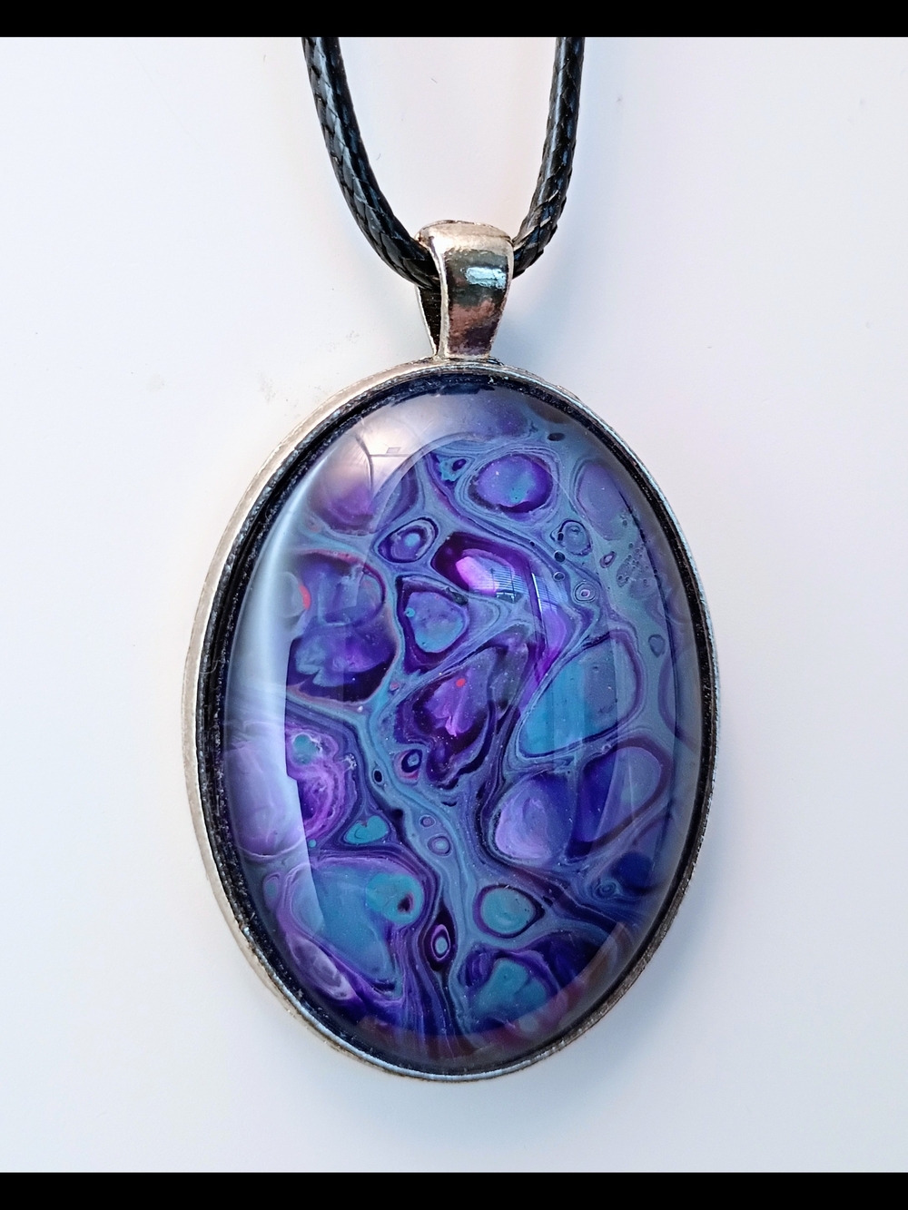 Hand Painted Purple Blue Swirl Under Glass Pendant Necklace w/ Cord